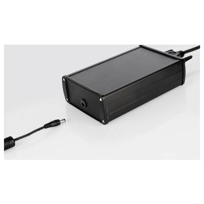 Bloc d'alimentation noir avec connexion par câble. Adapté à l'alimentation électrique des appareils électroniques. Forme rectangulaire, surface lisse.