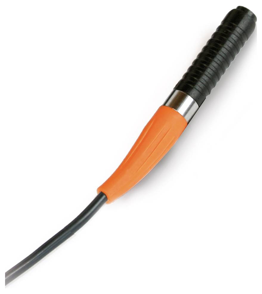 Un câble noir et orange avec une poignée texturée.