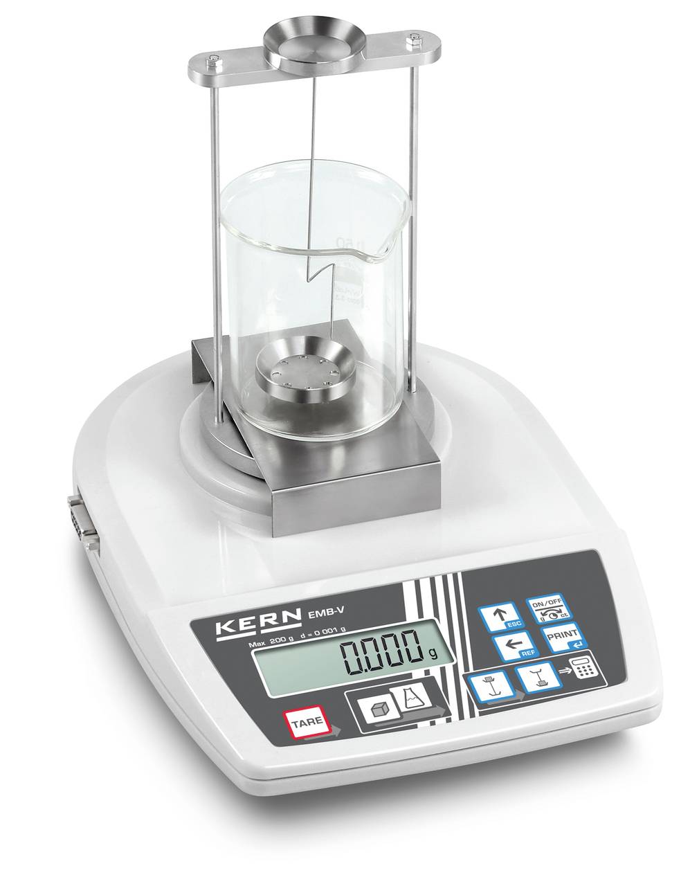 Balance électronique avec récipient en verre sur la plateforme de mesure, affichant 0,000 g. Écran avec touches de commande pour la tare, l'éclairage et le support.