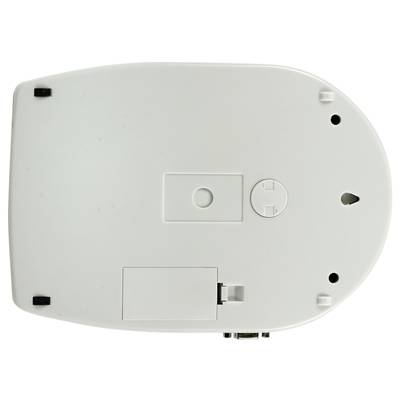 Souris d'ordinateur blanche vue de dessous, montrant le compartiment des piles et le capteur optique.