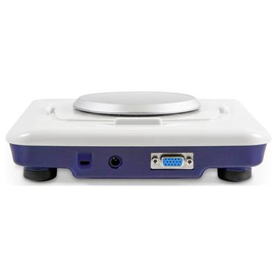 Balance électronique avec boîtier bleu, plateau de pesée argenté et port VGA sur la face avant.