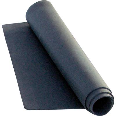 Un tapis de fitness noir enroulé repose sur une surface plane.