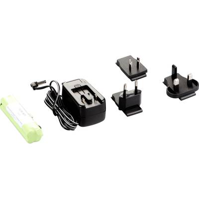 Un chargeur avec trois fiches interchangeables pour différents pays et une petite batterie sur le côté gauche.