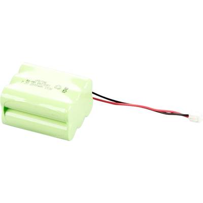 Un pack de batterie vert avec deux cellules et un câble rouge et noir-blanc, utilisé pour des appareils électroniques.