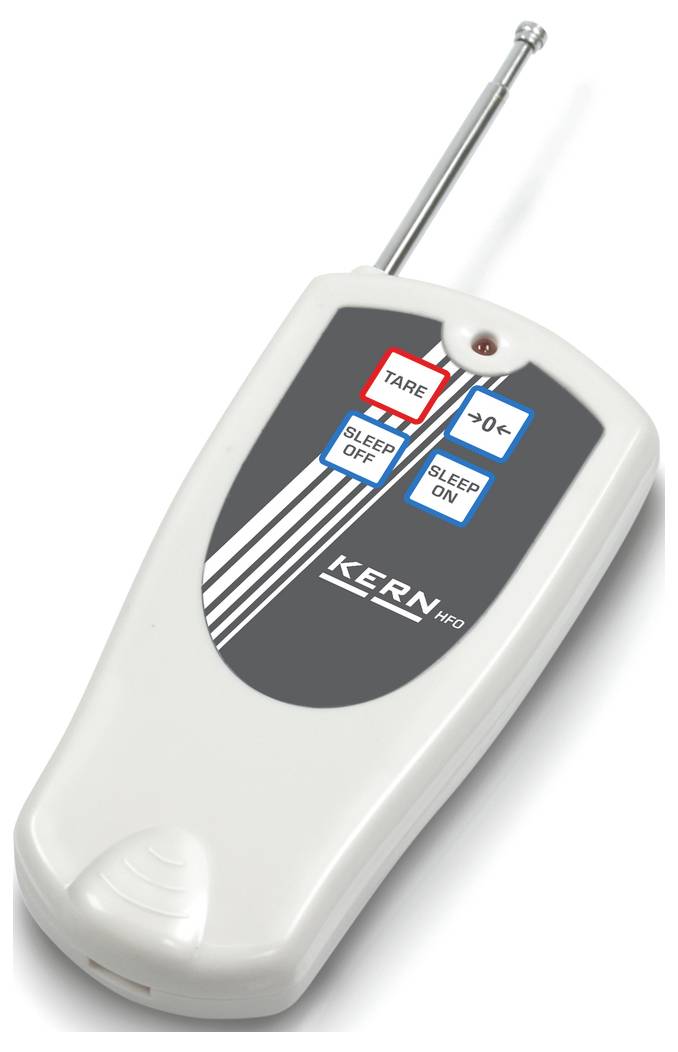 Une télécommande blanche avec antenne, trois touches 'Tare', 'Sleep Off', 'Sleep On', et un logo 'Kern'.