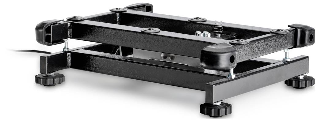 Socle noir ajustable pour un appareil, doté de quatre pieds stables et de vis permettant un réglage en hauteur. Adapté aux charges lourdes.