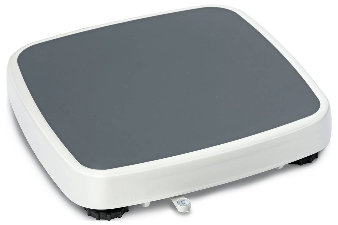 Une balance de plateforme carrée avec une surface grise et un cadre blanc. Adaptée pour des mesures de poids précises.