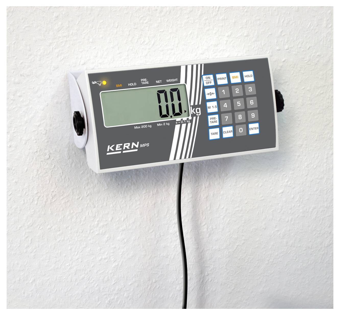 Afficheur numérique d'une balance murale avec écran digital, indiquant '0,0 kg'. Touches pour la tare et la mémorisation du poids.