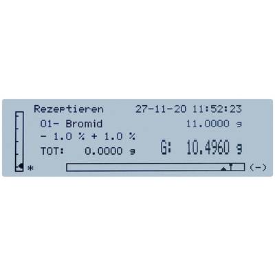 Écran d'un appareil de mesure affichant : Réception ; O1- Bromure ; Quantité : 11,0000 g ; Écart : -1,0 % ± 1,0 % ; Total : 10,4960 g. Date et heure en haut à droite.