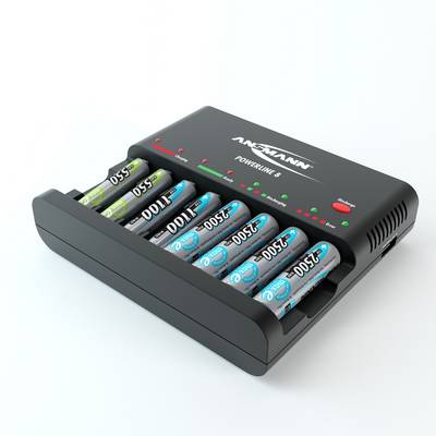 Un chargeur de batterie noir avec huit piles AA rechargées, marqué 'ANSMANN Powerline 8', avec des voyants LED lumineux.