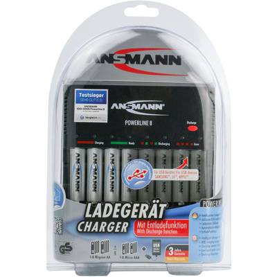 Chargeur pour piles AA et AAA de la marque ANSMANN. Comprend une fonction de décharge, option de charge via USB, garantie de 3 ans.