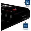 Chargeur avec sortie USB (5V 1A) et fonction de décharge. Deux symboles bleus indiquent les points de connexion pour la 'décharge' et la 'sortie USB'.