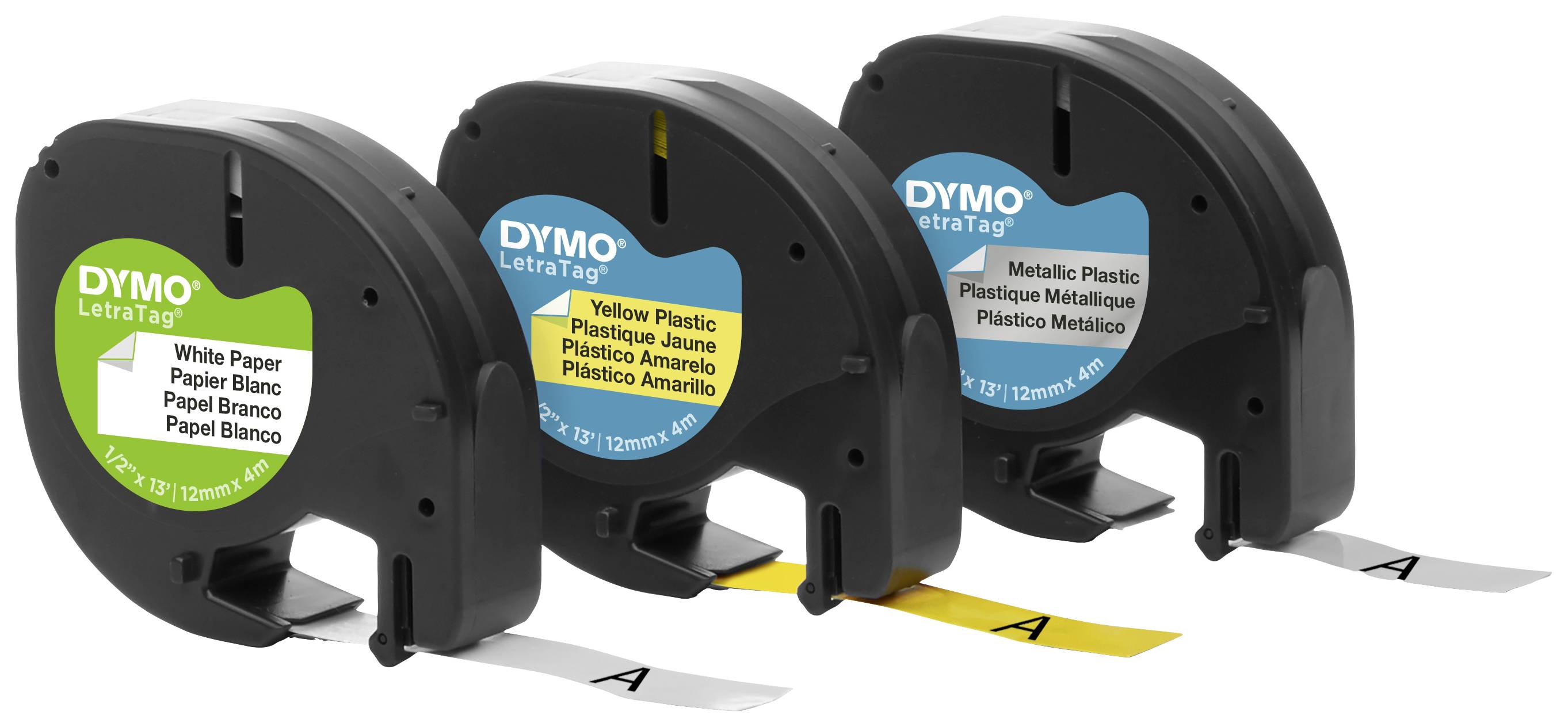 Trois cassettes de ruban Dymo LetraTag en noir avec des rubans d'étiquetage en papier, plastique et métal en blanc, jaune et argent.