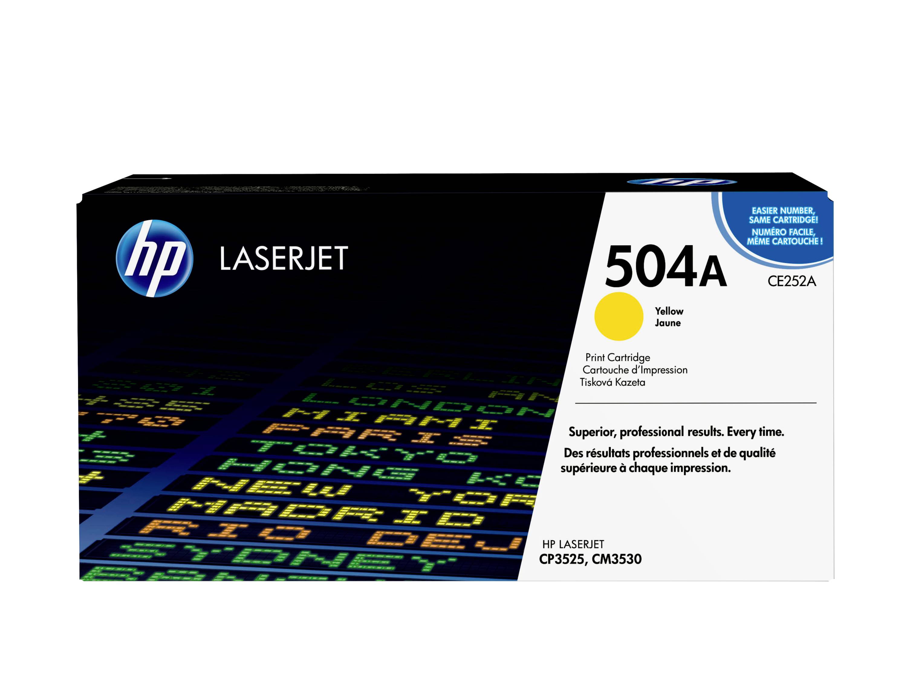 Boîte de cartouche de toner jaune HP LaserJet 504A, modèle CE252A, pour imprimantes HP Color LaserJet CP3525 et CM3530.