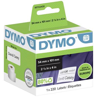 Boîte d'étiquettes 'DYMO', 54x101mm, 220 pièces, Fabriqué en Europe, Exemple d'étiquette nominative 'David Casey', 80% de matériaux recyclés.