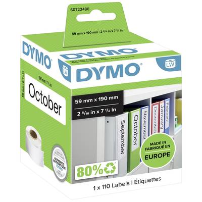 Emballage d'étiquettes Dymo avec 110 étiquettes, 59 mm x 190 mm, 80% recyclables, Fabriqué en Europe. L'étiquette principale indique 'Octobre'.