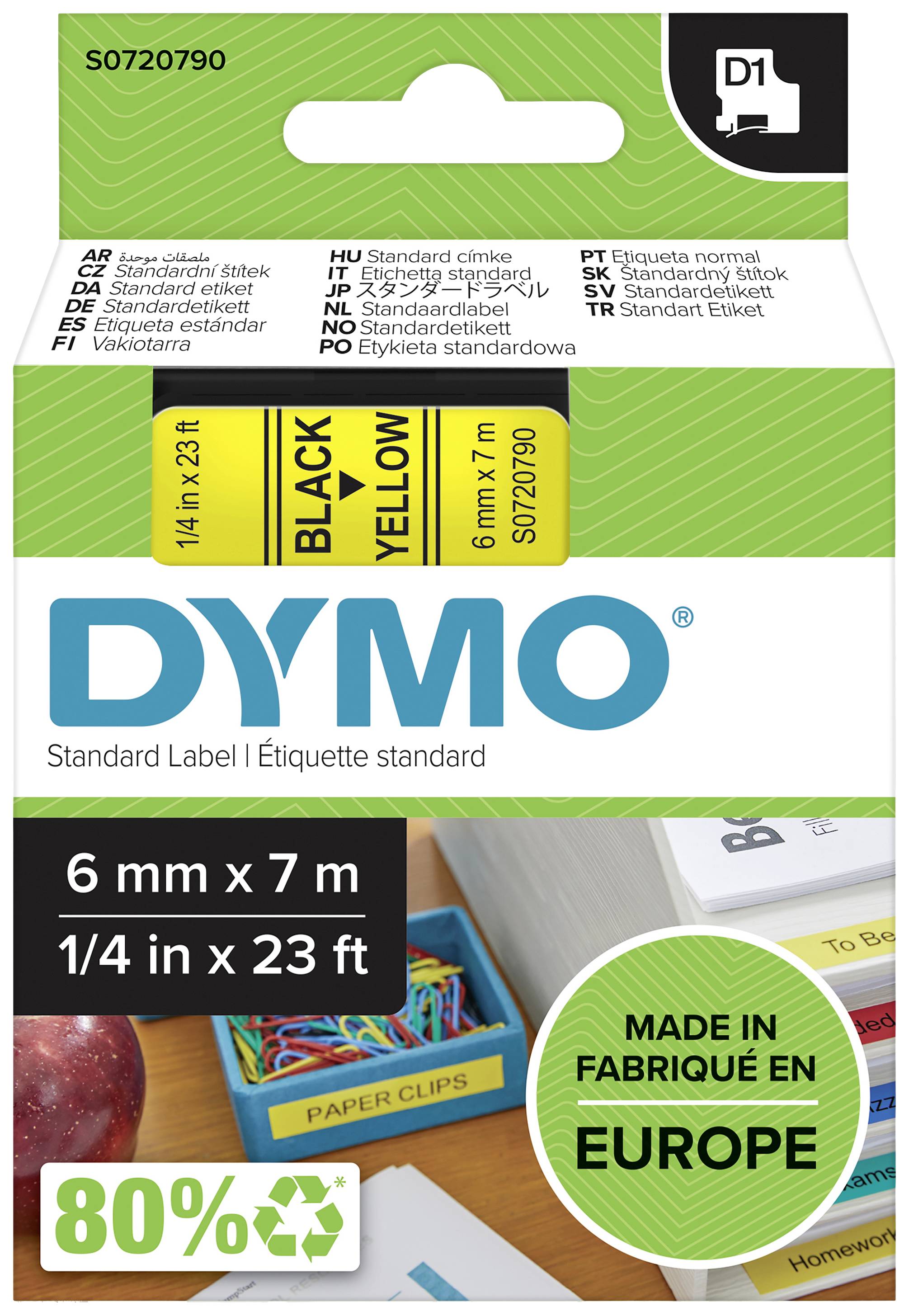 Étiquettes DYMO standard. Dimensions : 6 mm x 7 m, Couleur : Noir sur Jaune, fabriqué en Europe, 80% recyclé.