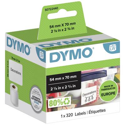 Boîte d'étiquettes DYMO contenant 320 étiquettes blanches, format 54 mm x 70 mm. Fabriquées à 80% à partir de matériaux recyclés, produites en Europe.