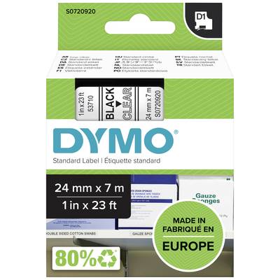 Étiquettes DYMO dans un emballage portant l'inscription 'Standard Label'. Dimensions : 24 mm x 7 m. Étiquetées comme fabriquées en Europe.