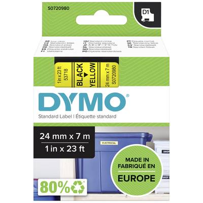 Emballage d'étiquettes 'DYMO' avec texte noir sur fond jaune, 24 mm x 7 m. Comprend également la mention "FABRIQUÉ EN EUROPE" et un boîtier de rangement.