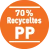 Cercle bleu portant l'inscription « 70 % PP recyclé », indiquant la proportion de polypropylène recyclé dans le matériau.