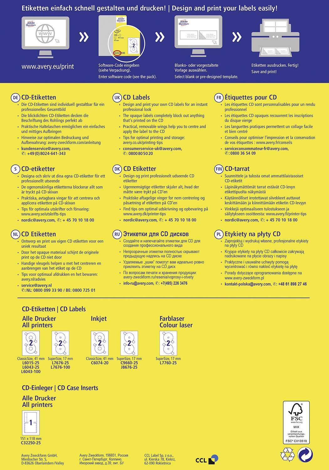 Instructions pour la conception et l'impression d'étiquettes de CD dans différentes langues, avec des symboles et des recommandations de produits sur un fond jaune.