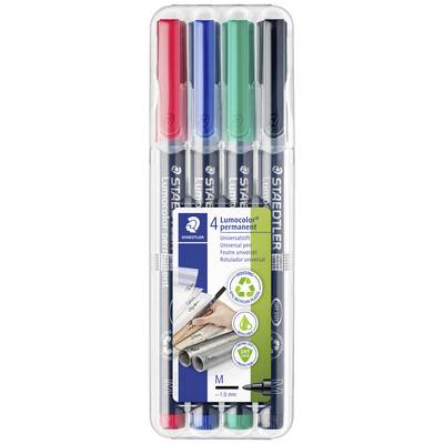 Pack de 4 marqueurs Lumocolor Permanent en Rouge, Bleu, Vert et Noir. Convient à différentes surfaces. Les marquages sont résistants à l'eau.
