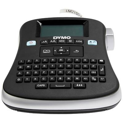 Appareil d'étiquetage portable avec clavier et écran, marque DYMO. Dispositif servant à créer des étiquettes personnalisées, affichant 'LM210D'.