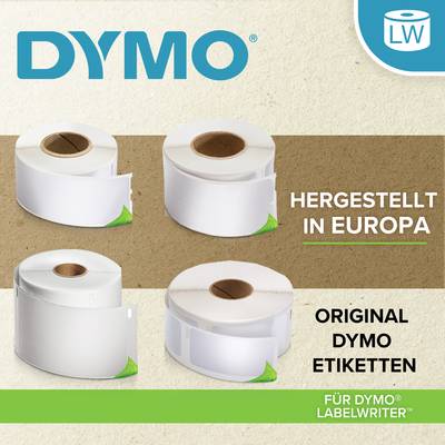 Rouleaux d'étiquettes DYMO, Texte : 'Fabriqué en Europe', 'Étiquettes DYMO originales'.
