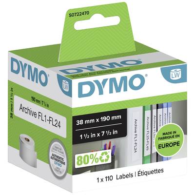Emballage d'un rouleau d'étiquettes DYMO. Texte : 'Archive FL1-FL24', contient 80% de matériaux recyclés, fabriqué en Europe.