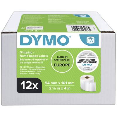 Une boîte d'étiquettes Dymo pour expédition et noms, 12 rouleaux. Contient des informations sur la fabrication en Europe et une mention d'authenticité.