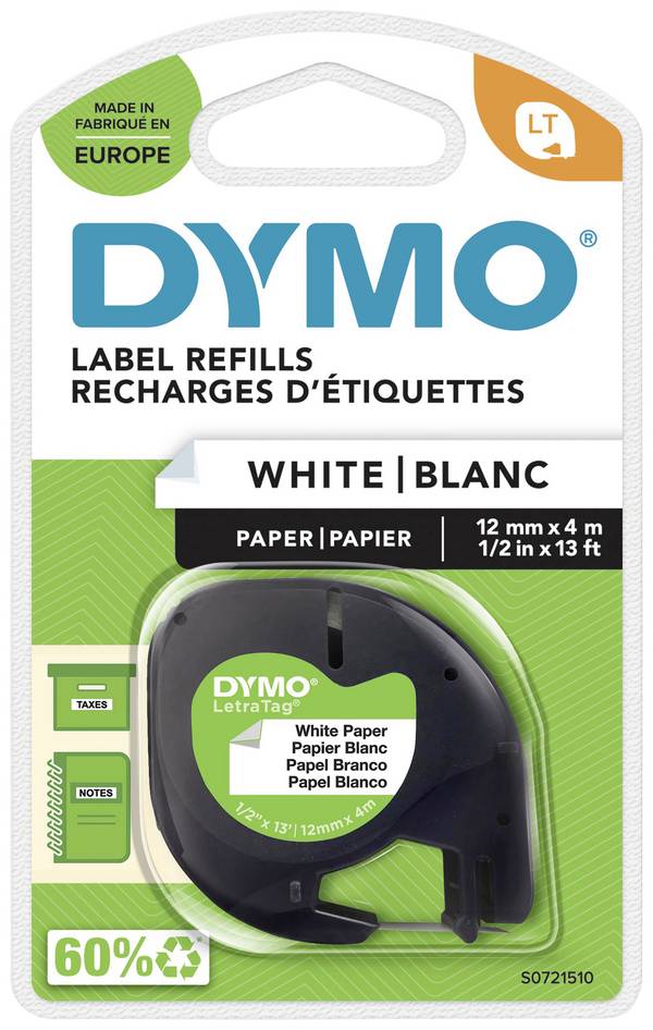 DYMO LT Papier Couleur de ruban: blanc Couleur de police: noir 12 mm 4 m S0721510