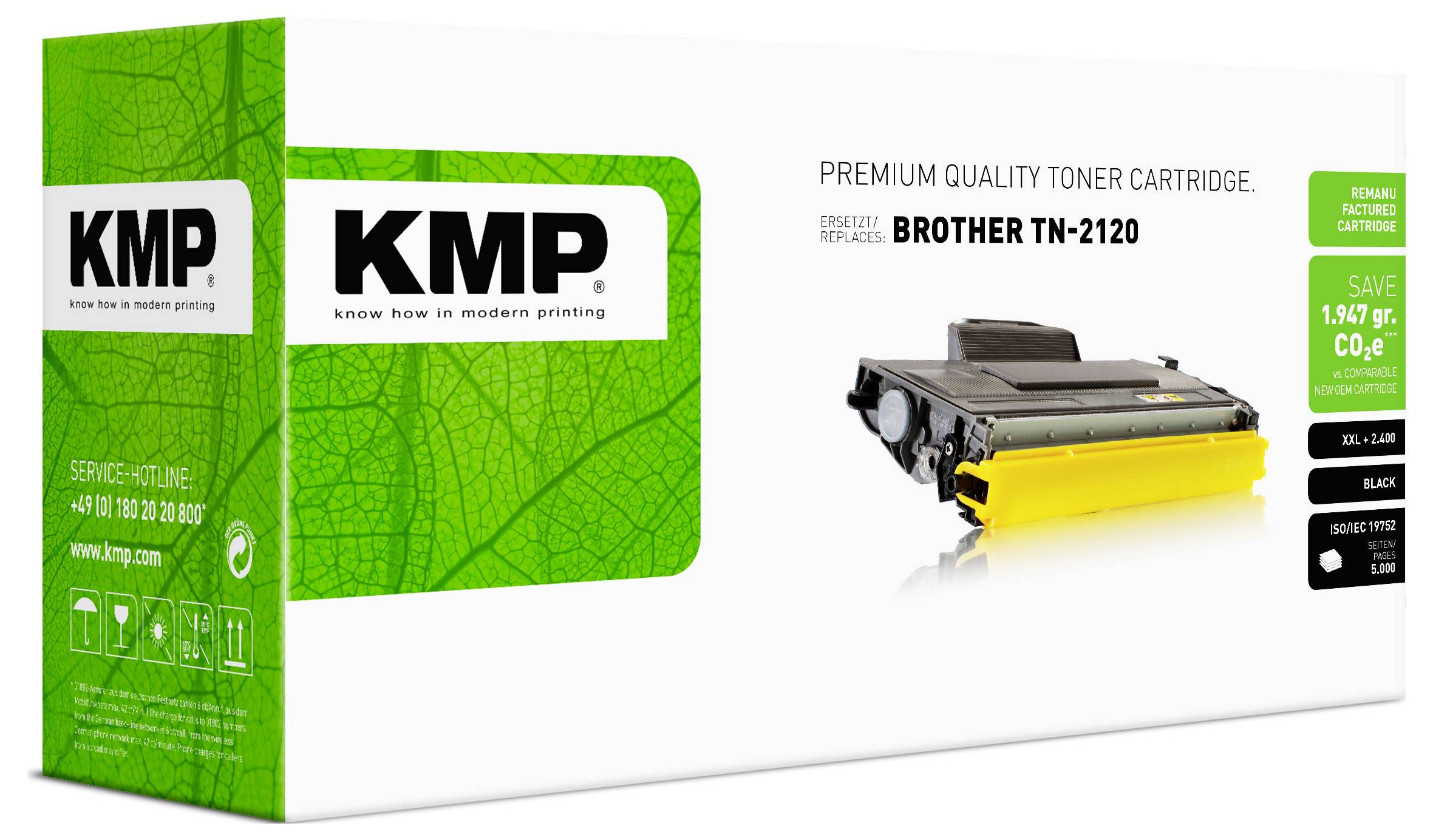 Boîte de cartouche de toner KMP de qualité premium pour Brother TN-2120, présentée avec cartouche d'imprimante et emballage vert.