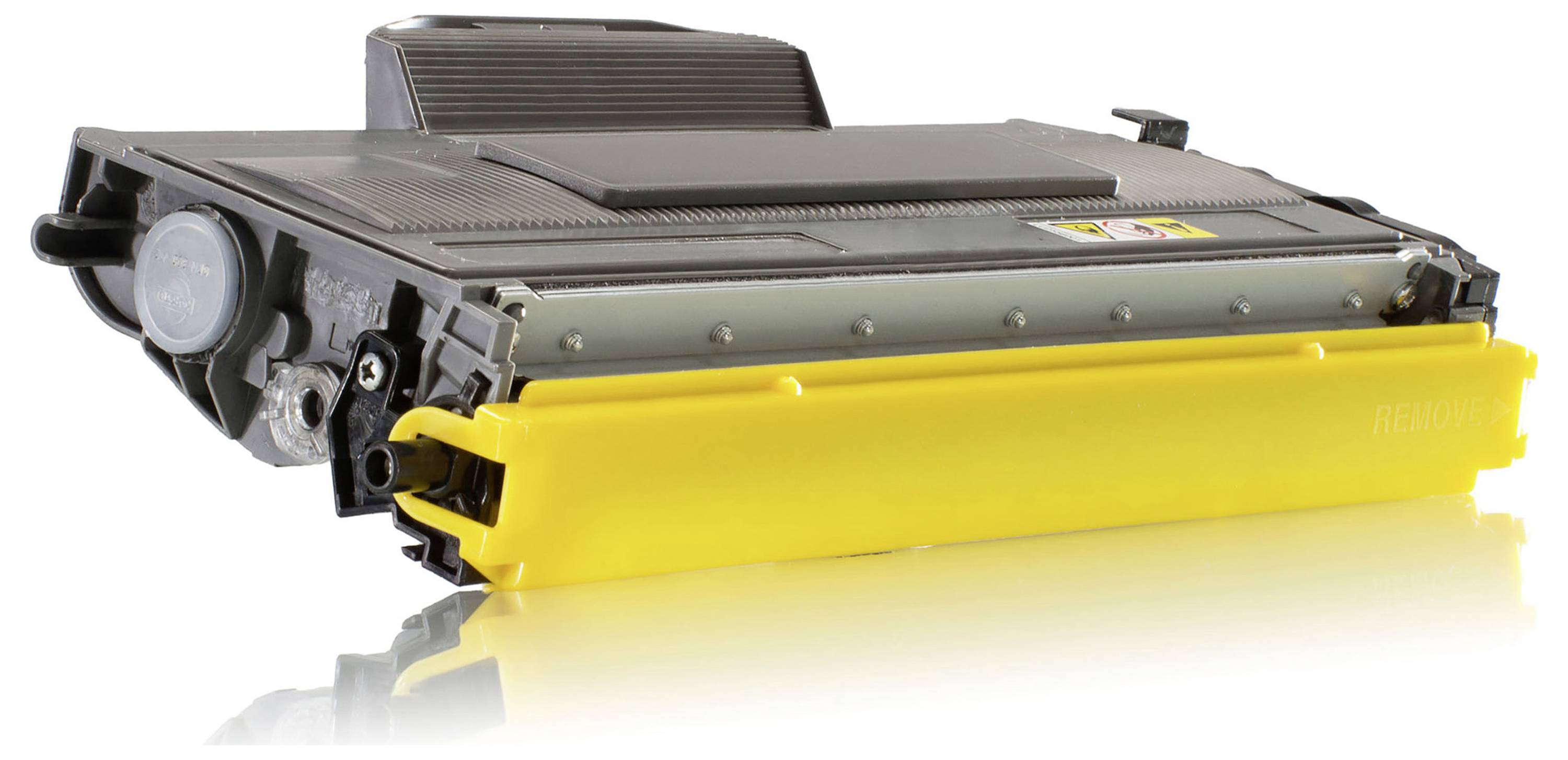 Cartouche de toner d'imprimante noire avec un volet de protection jaune vif, présentée isolée sur un fond blanc.