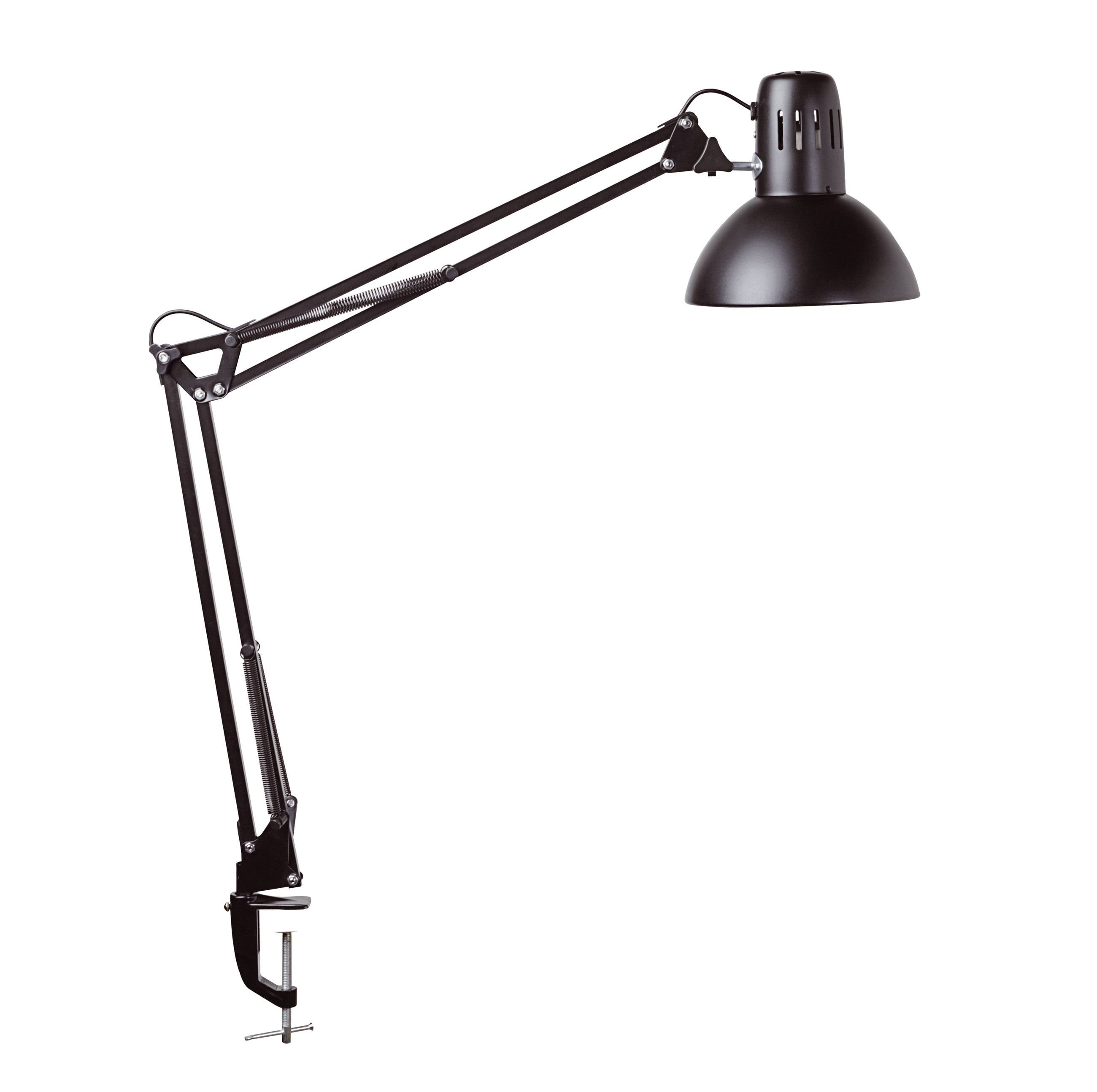 Lampe de bureau réglable noire avec bras articulé et fixation par pince sur fond blanc.