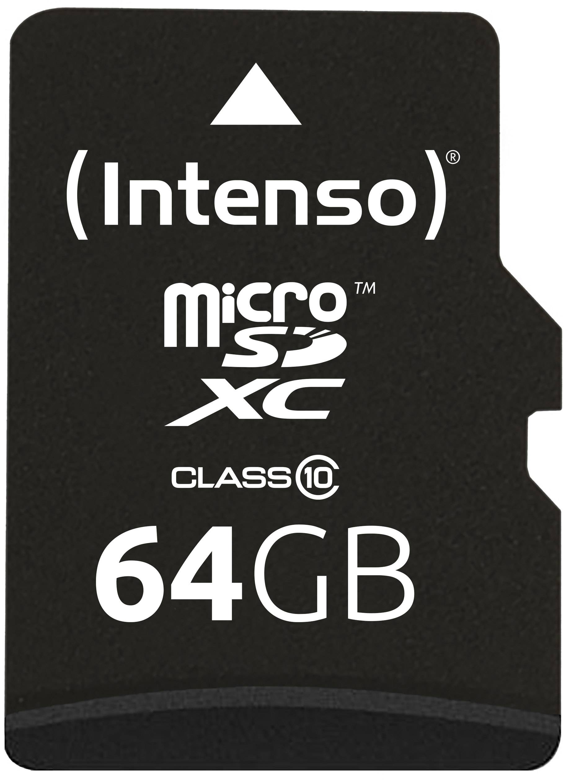 Carte microSDXC Intenso Noir de 64 Go, classe 10, adaptée aux transferts de données rapides et au stockage.