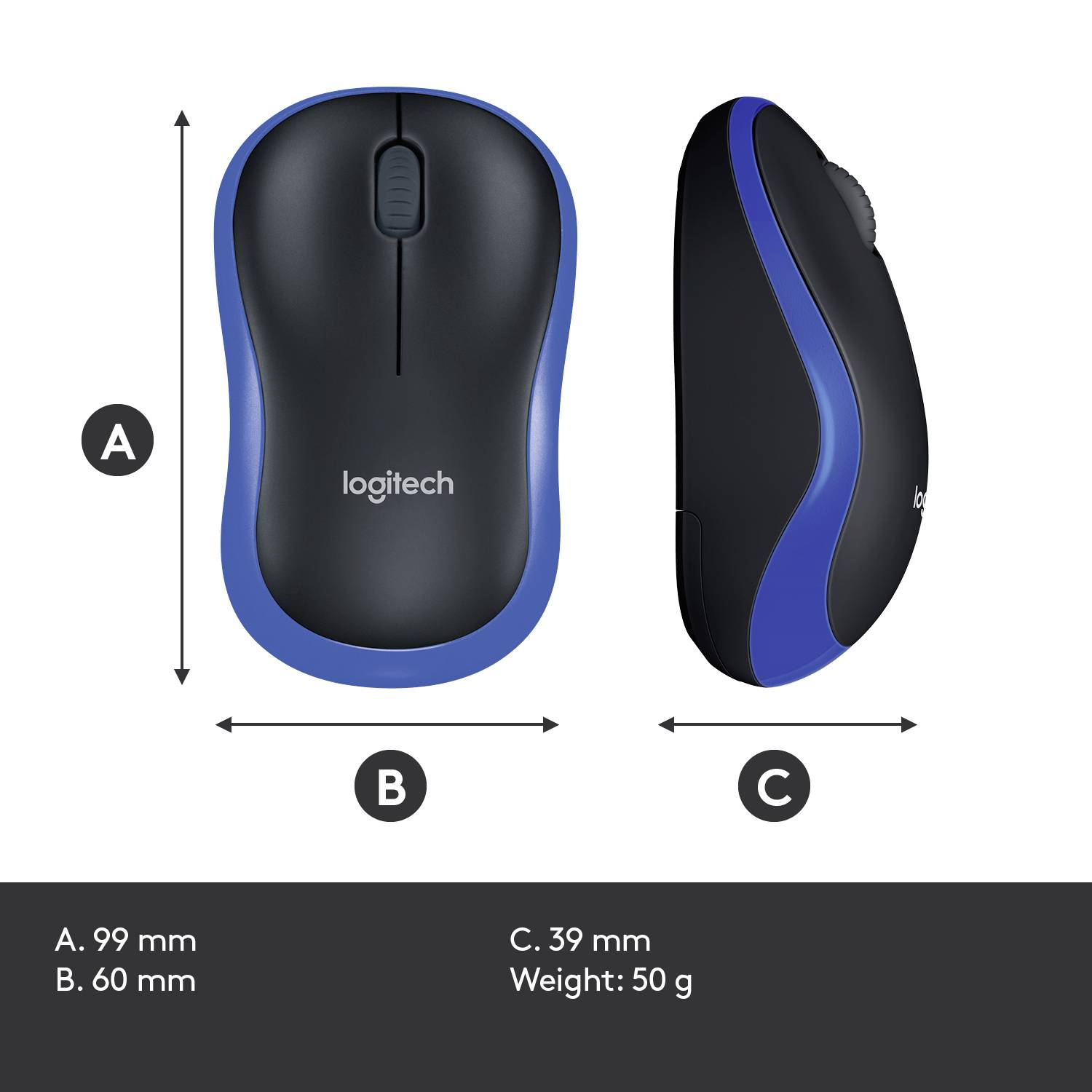 Un homme travaille avec un ordinateur portable et une souris sans fil. Le texte ci-dessous indique : « Travailler partout avec une souris mobile »