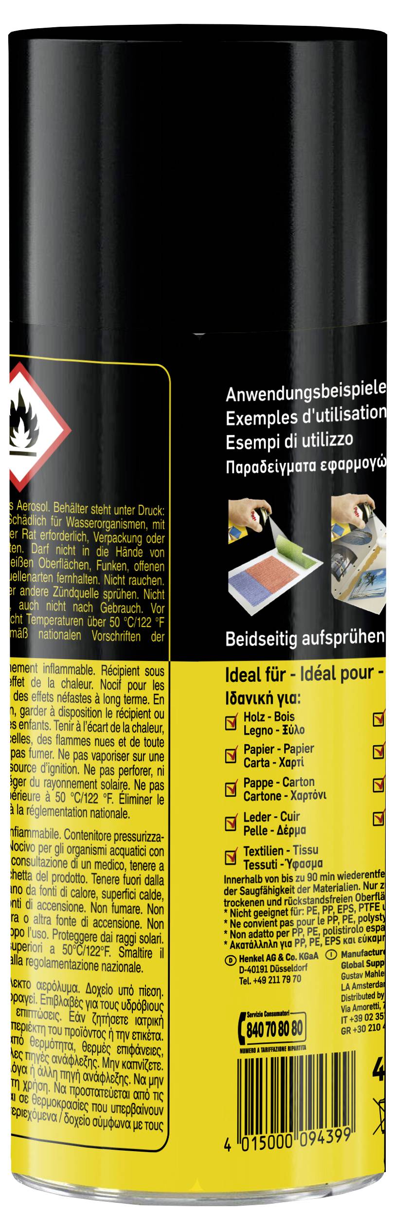 « Un aérosol noir et jaune présentant des instructions textuelles, des avertissements de sécurité et des exemples d'utilisation dans plusieurs langues. »