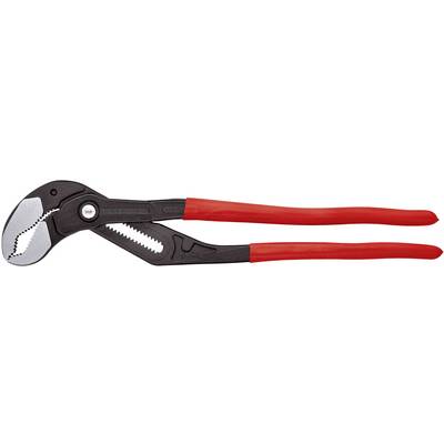 Une pince multiprise rouge avec des mâchoires crantées et des parties métalliques noires, adaptée pour serrer ou desserrer des tuyaux et des vis.