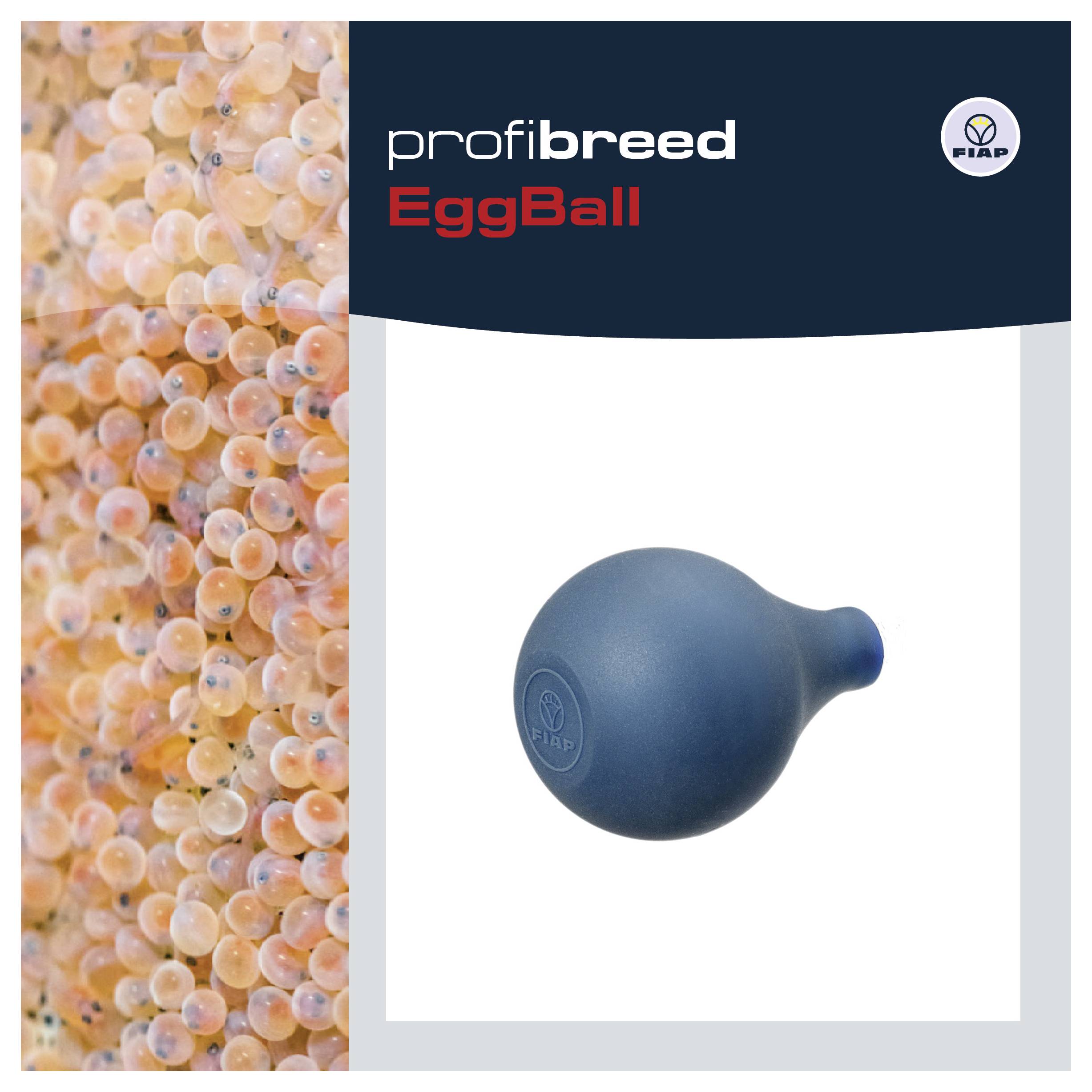 Emballage produit pour « profibreed EggBall » avec le logo FIAP, montrant un appareil en forme d'œuf bleu et une bande photo de nombreux œufs sur la gauche.