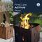 'FireCube Active Rost' caisse en bois et feu en train de brûler dans le jardin. Logo en haut à droite.