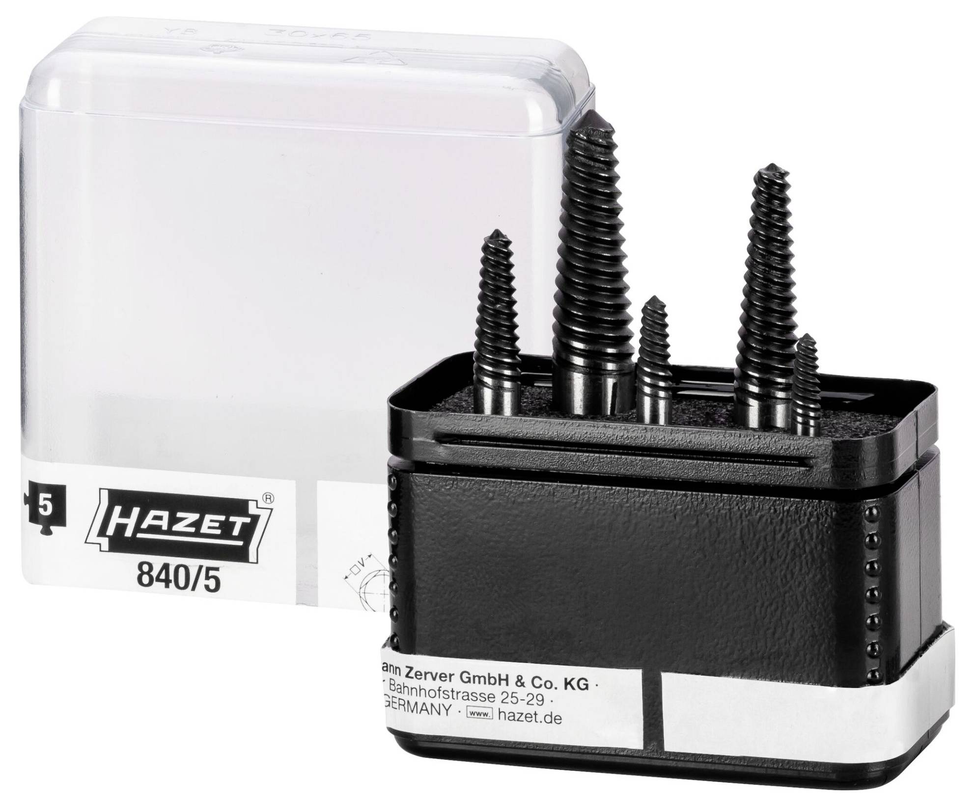 Cinq tournevis dans un support noir devant une boîte transparente. Marque 'Hazet', modèle '840/5'.