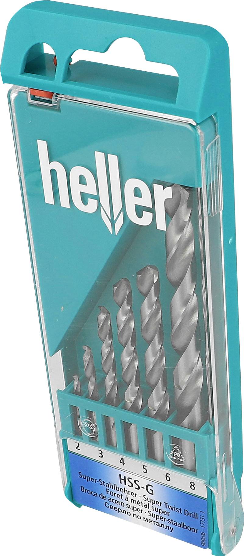 Emballage d'assortiment de forets Turquoise Heller montrant plusieurs forets hélicoïdaux, étiquetés « HSS-G Super Twist Drill » et gamme de tailles 2 à 8.