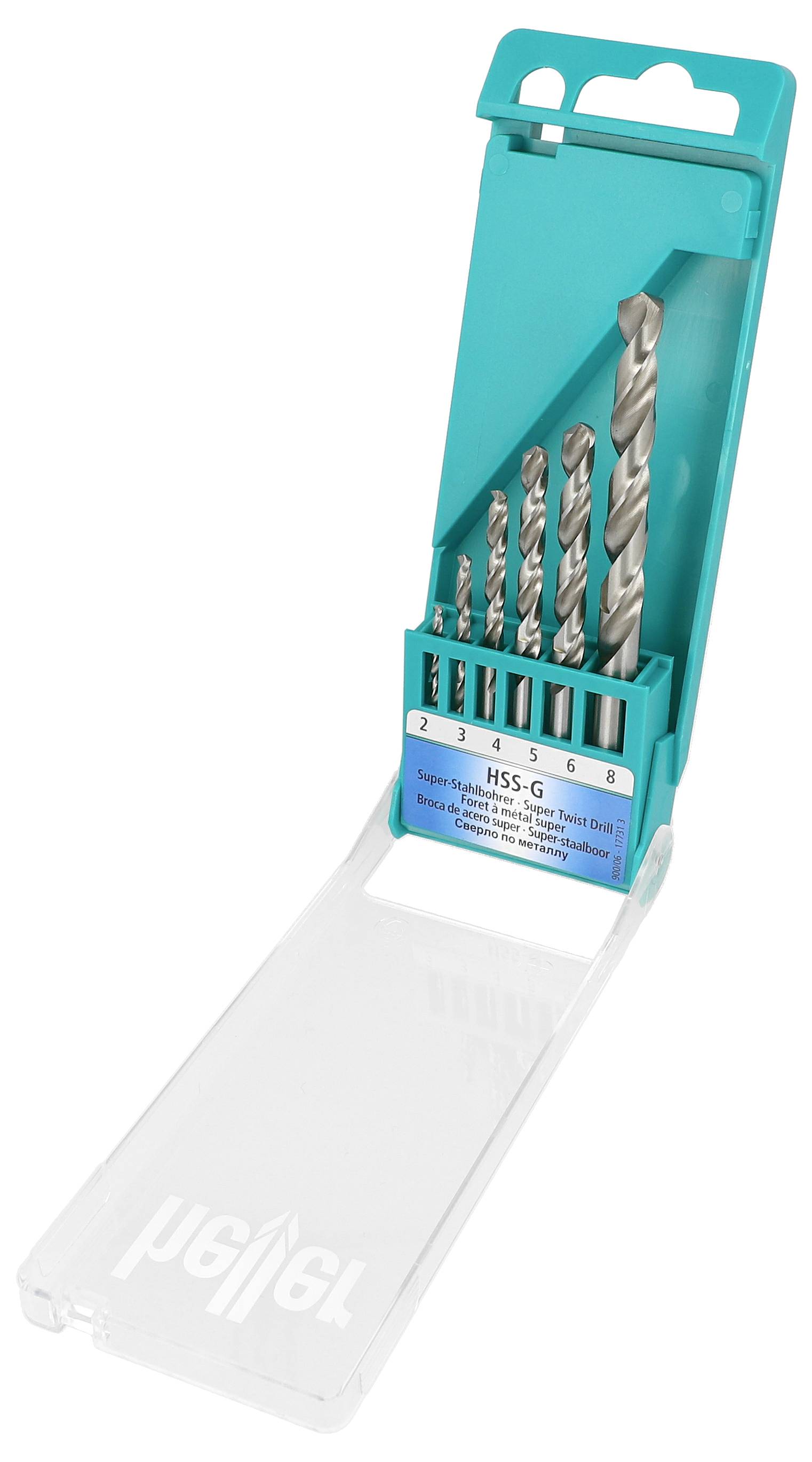Coffret de forets HSS-Co dans un étui en plastique transparent avec étiquette bleu-vert, montrant 10 forets métalliques de 10 x 10 mm pour le perçage du métal.