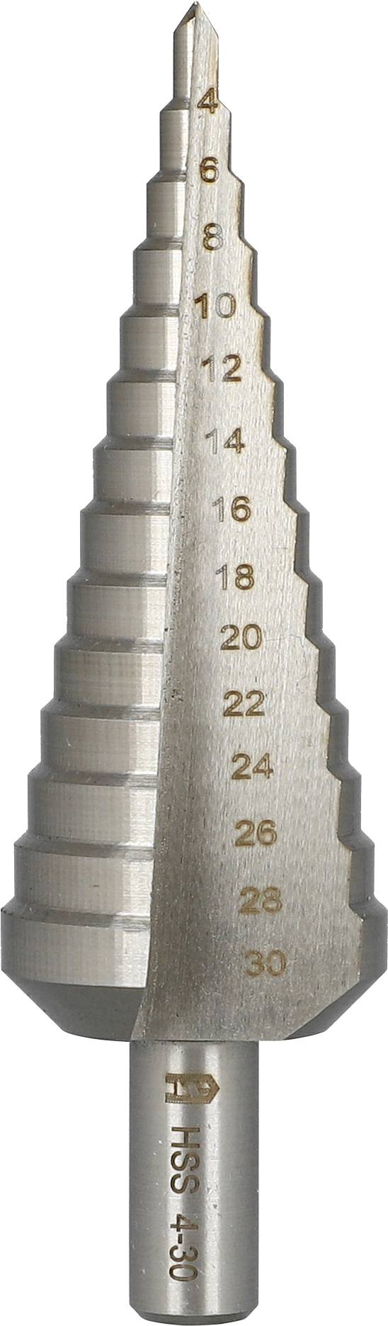 Foret escalonné en métal avec marquages de taille de 4 à 30, utilisé pour percer des trous de différents diamètres.