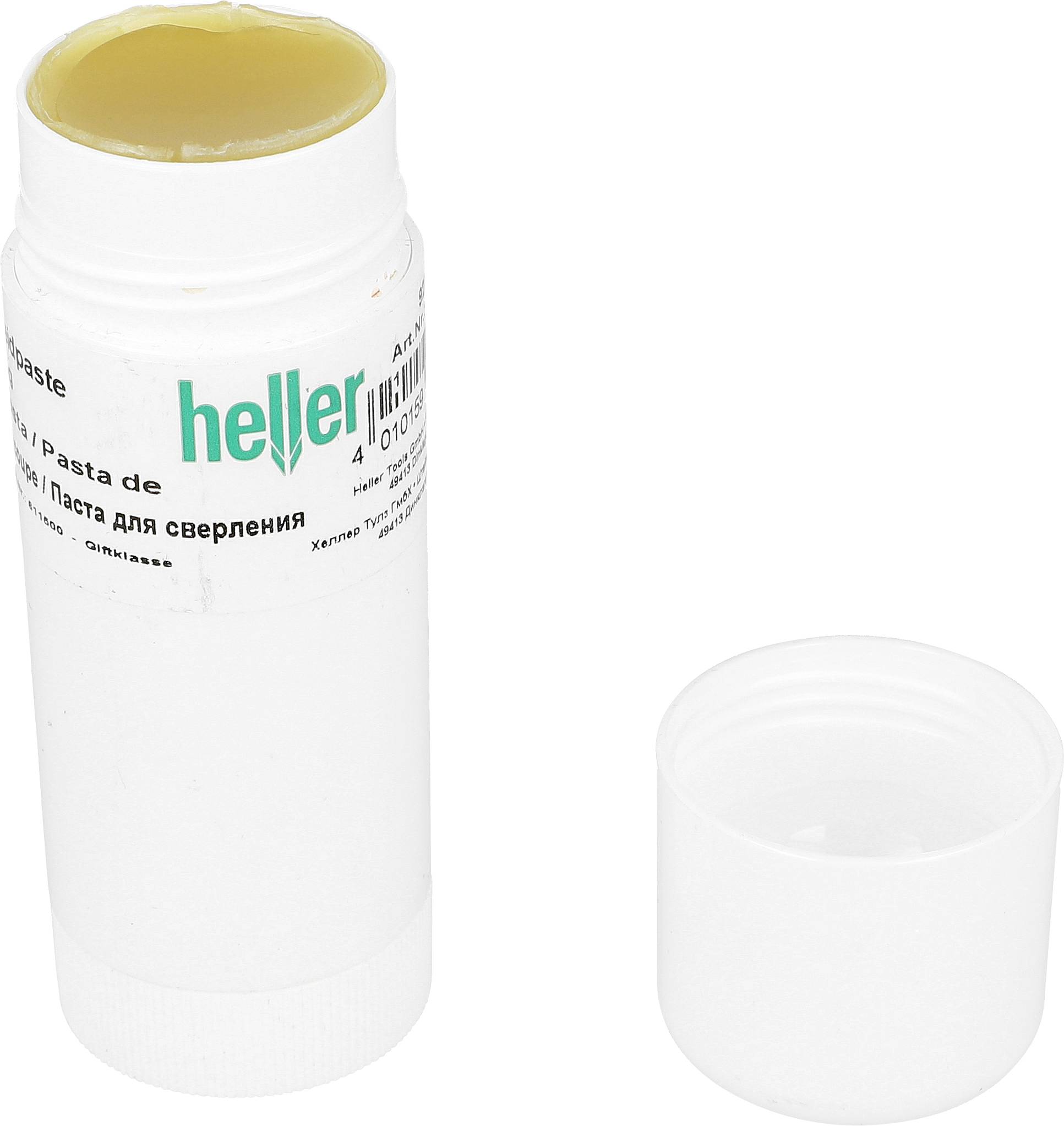 Tube de pâte « heller » blanche avec bouchon ouvert à côté, montrant la pâte de forage jaune à l'intérieur sur fond blanc.