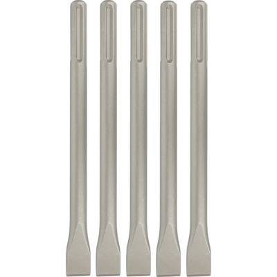 Cinq embouts de burin en métal argenté ou accessoires d'outils plats, disposés verticalement sur un fond blanc.