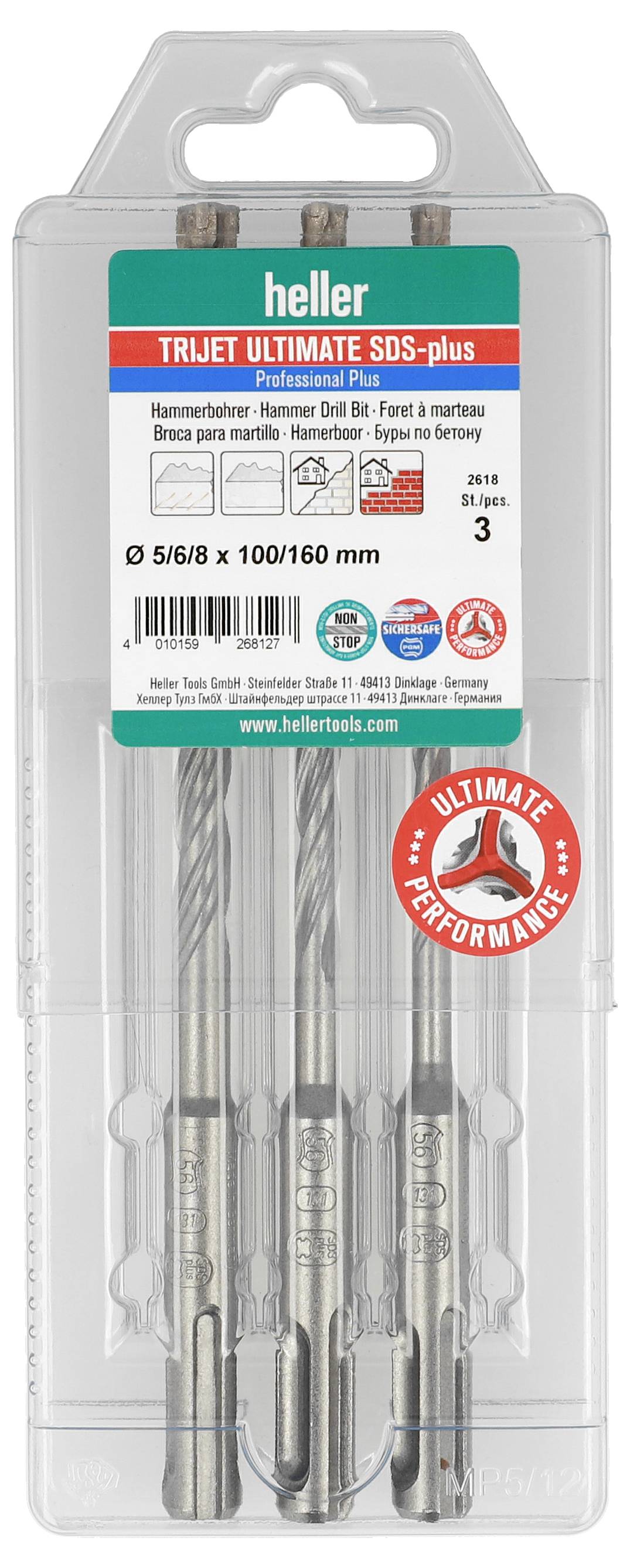 Emballage pour les forets de maçonnerie Heller Trijet Ultimate SDS-plus, montrant trois forets argentés dans un étui en plastique transparent.
