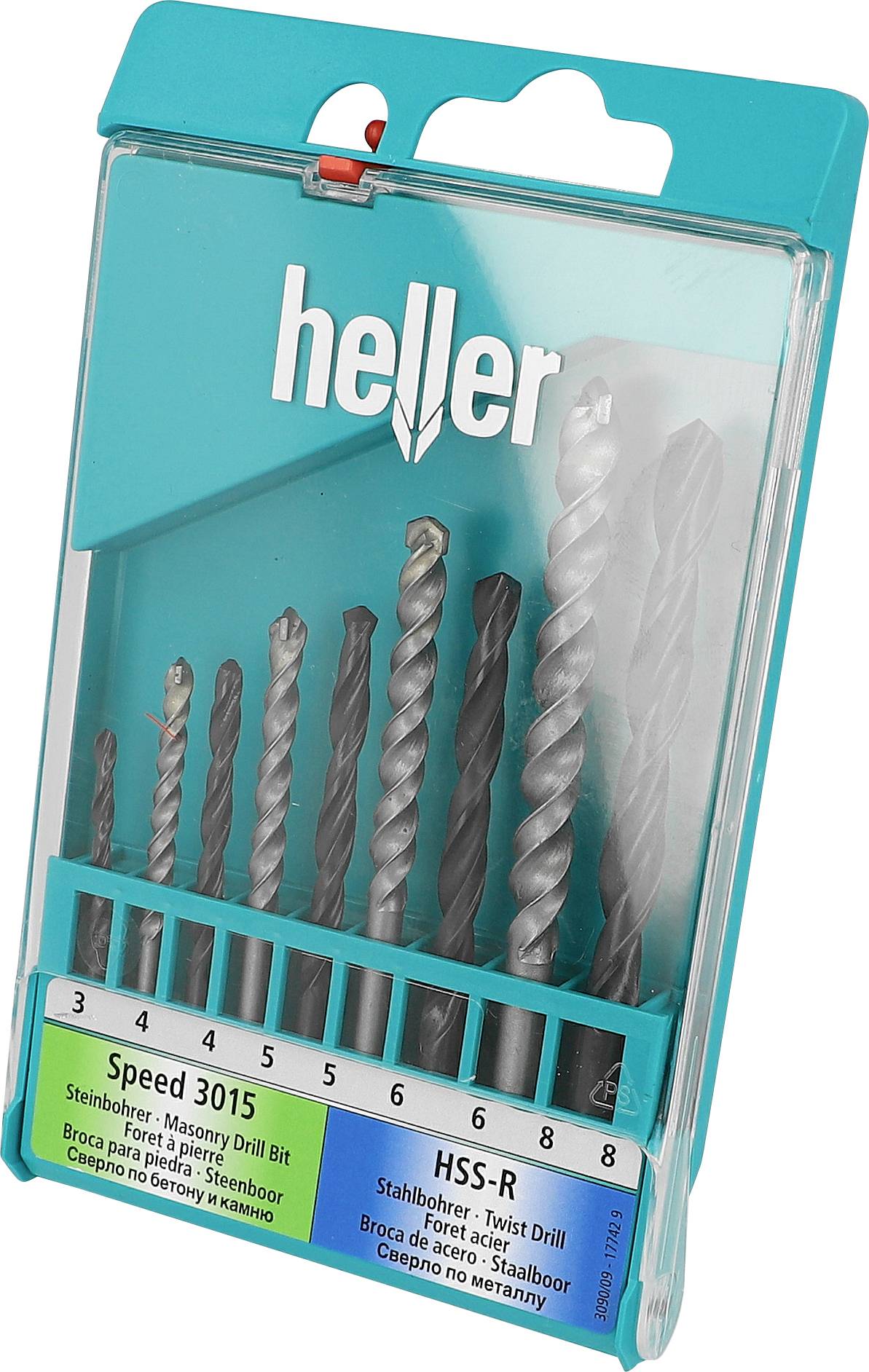 Ensemble de forets hélicoïdaux Heller HSS-R emballé avec huit forets en spirale de tailles 3 à 8, présenté dans un étui en plastique turquoise.