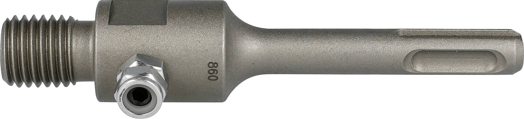 Adaptateur de mandrin de perceuse en métal avec extrémité filetée mâle et tige hexagonale, montré en vue de côté sur fond blanc.